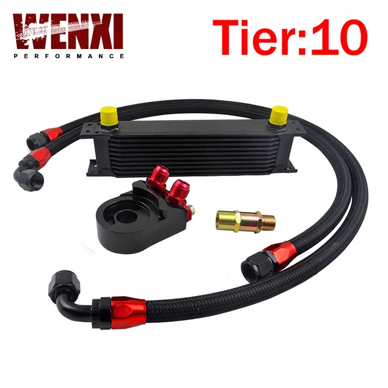 Universal 10 ROWS OIL COOLER KIT+AN10 Oil Filter Cooler Sandwich Plate Adapter Black+2PCS BRAIDED HOSE LINE