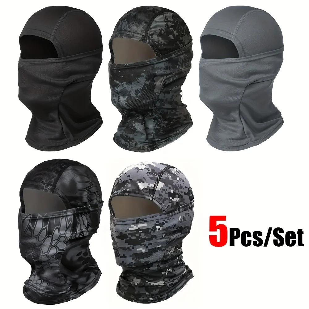 5 Pack Tactical Balaclava Face Mask, Breathable UV Protection Full Head Neck Cover, Windproof Face Hood for Men Women, Outdoor Motorcycle Cycling Hunting Camping, Random Assorted Camo & Solid Colors