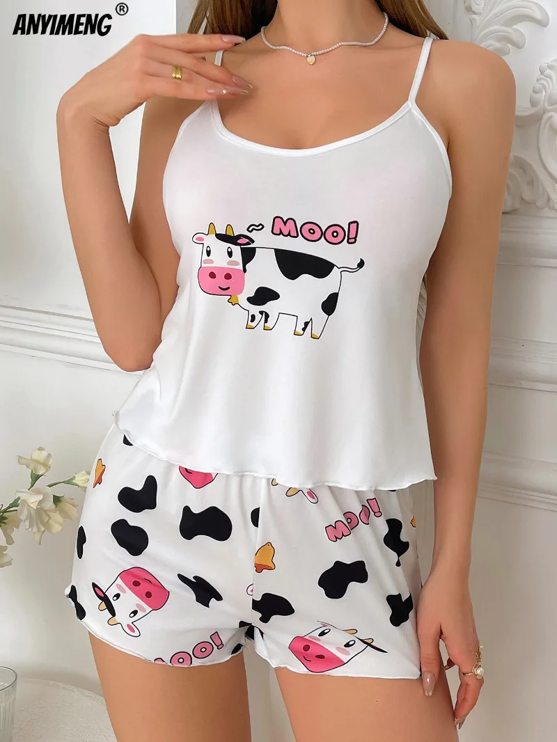 Cow Cartoon Print Women Pajamas Set Sports Camisole and Shorts Pjs S-XL Woman Sexy Sleepwear Soft Cool Casual Pijamas