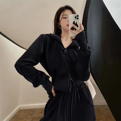 Women\'s Fall/Winter Retro Casual Hooded Sweatshirt Wide-leg Pants Set Japanese Short Zip Cardigan Jacket Trousers Two-Piece Set