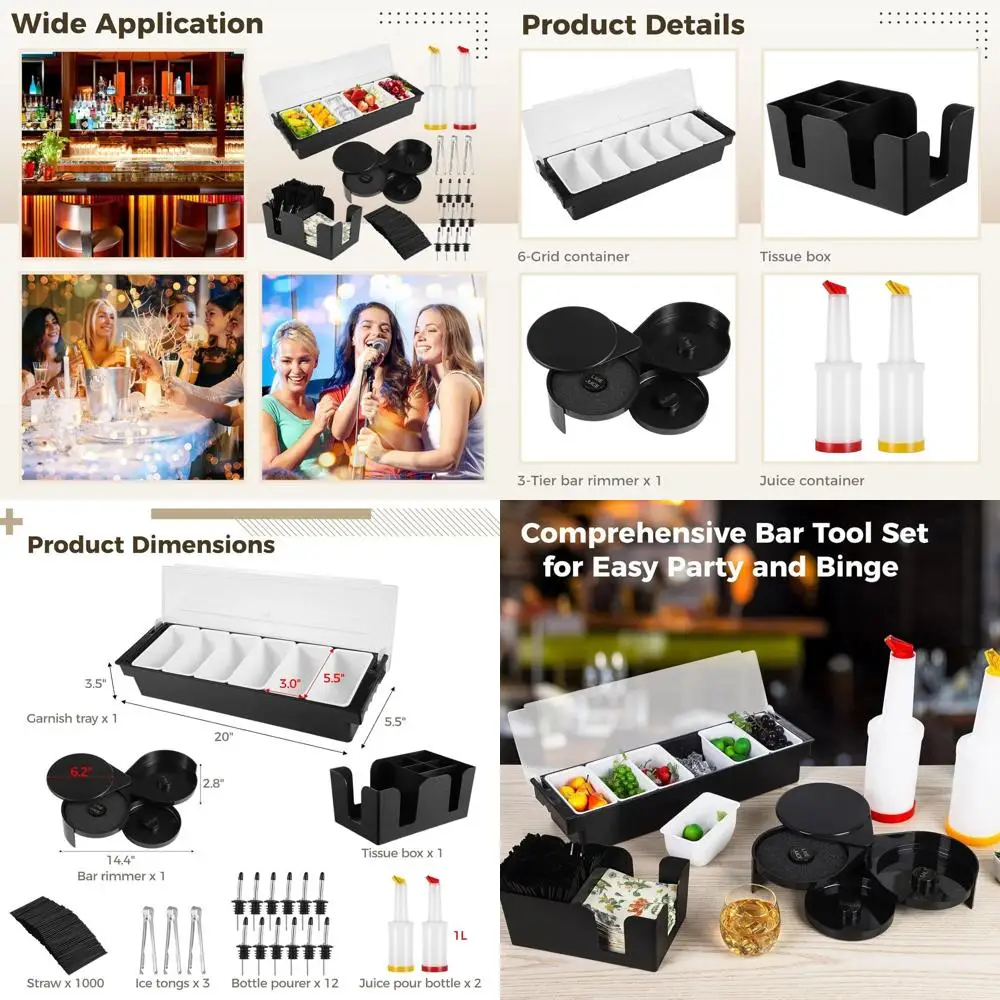 

Фруктовница на 6 секций с крышкой, 3-уровневый набор для приготовления коктейлей, 12 нержавеющих насадок для бара, 2 пластиковых дозатора для сока, 1000 мешалок