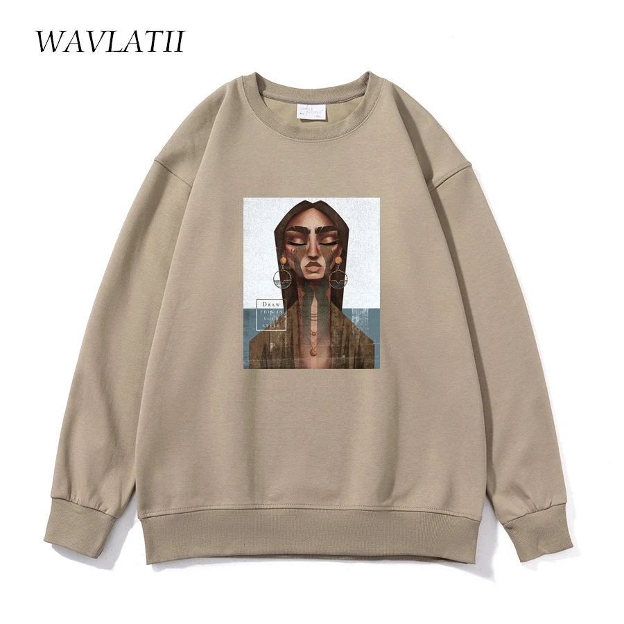 WAVLATII Women Casual White Sweatshirts Female Khaki Soft Oversized Cool Printed Hoodie Unisex O-neck Long Sleeve Tops WH2225