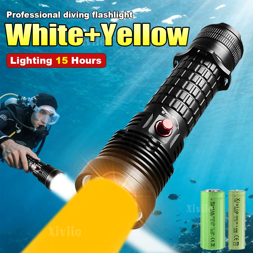 

Super Bright Scuba Diving Flashlight White+Yellow Dual Light Professional Dive Torch Underwater IPX8 Waterproof for Fishing Dive