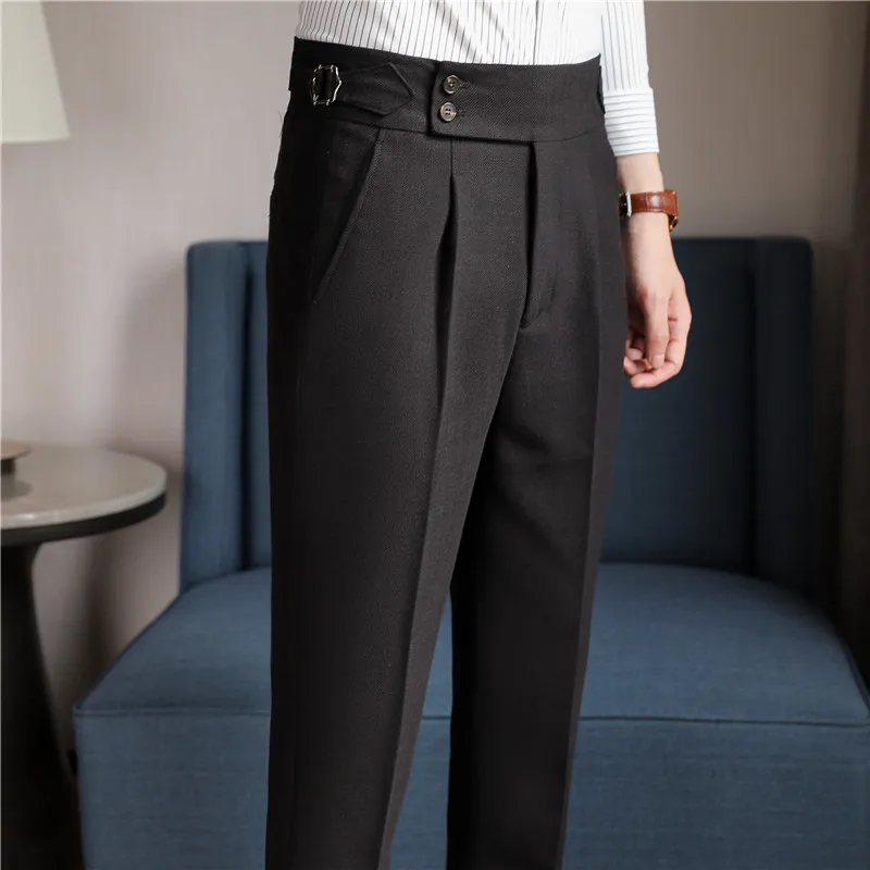 High-end Waist Adjustable Trousers Men British Style High Waisted Solid Color Casual Pants Office Social Business Suit Pants