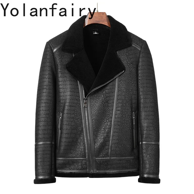 

YOLANFAIRY Trendy Sheep Shearing Jacket Men Winter Short Genuine Leather Jackets Man Motorcycle Clothing Wool Lining Chaquetas