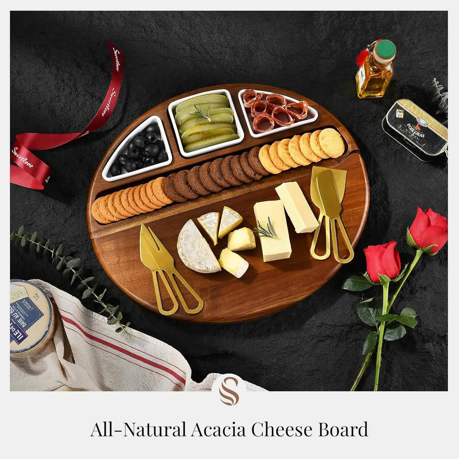 Premium Acacia Wood Cheese Board - Large Charcuterie Set with Cutting Wood for Serving - Ideal for Christmas, Wedding