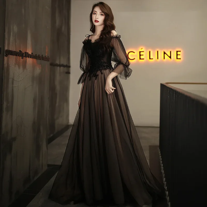 

Temperament evening dress women's 2024 new banquet temperament black one-word shoulder long fairy princess annual meeting dress