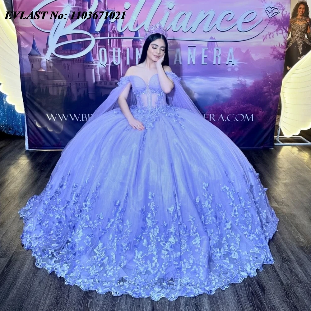 EVLAST Mexican Purple Quinnceanera Dress Ball Gown 3D Lace Applique perline con Cape corsetto Sweet 16 Vestidos De 15 Anos SQ584