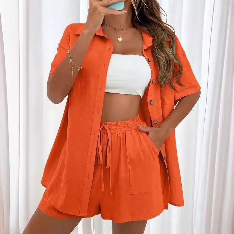 Conjunto de Verano para Mujer, Shorts con Top Corto, Cintura con Cordón, Pantalones Cortos de Algodón, Color Sólido, Corte Holgado, Casual, Rosa Beige, Bermuda