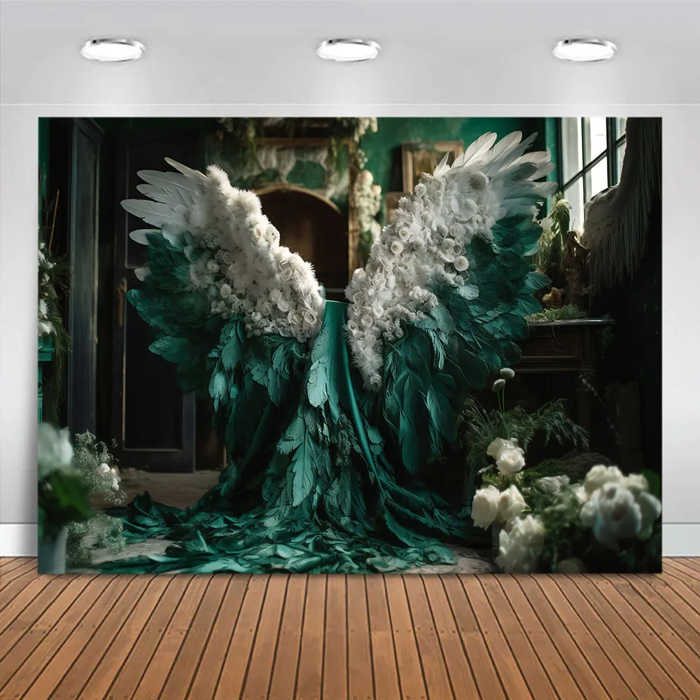 Mocsicka Backdrop for Photography Floral Wings Green and White Feathers Maternity Photo Background Cinematic Scene Shooting Prop