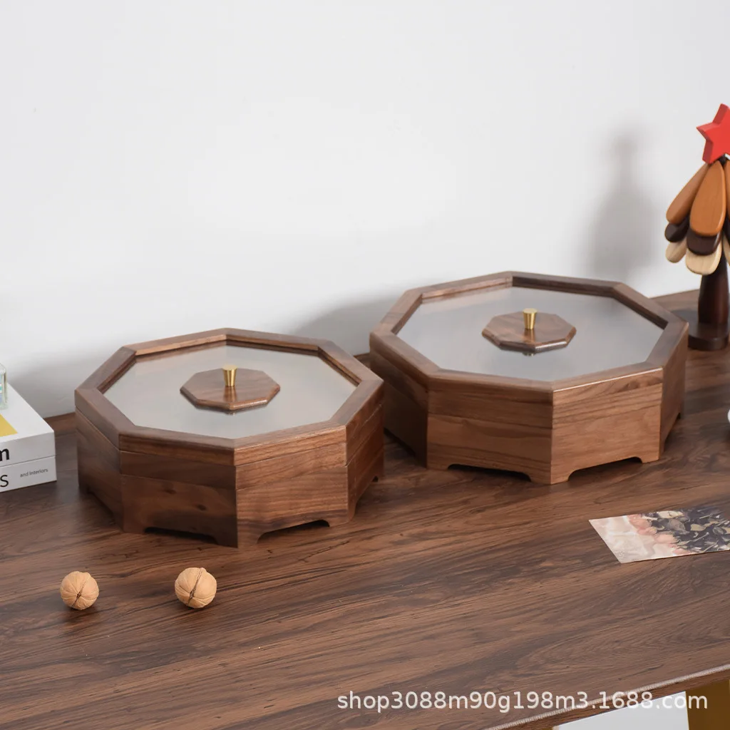 Wooden dried fruit box, Chinese walnut candy box, living room with lid grid nut candy