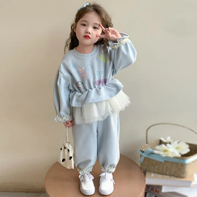 Girls Suit 2025 Autumn New Children's Clothing Korean Style Girl Baby Fashion Mesh Graffiti Hoodie Pants Two-piece Casual Simple