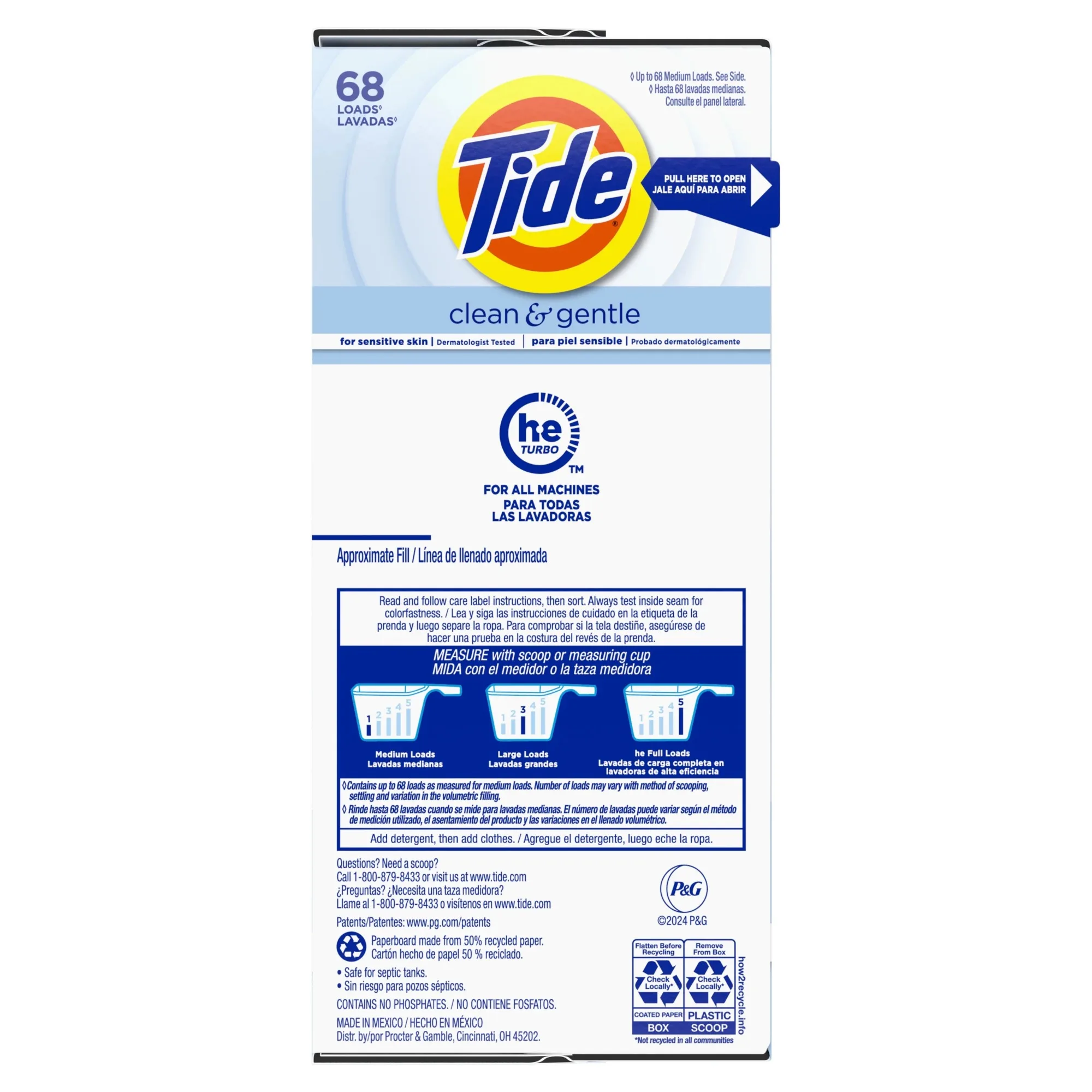 Detergente para ropa en polvo limpio y suave, sin aroma, 77 oz, 68 cargas