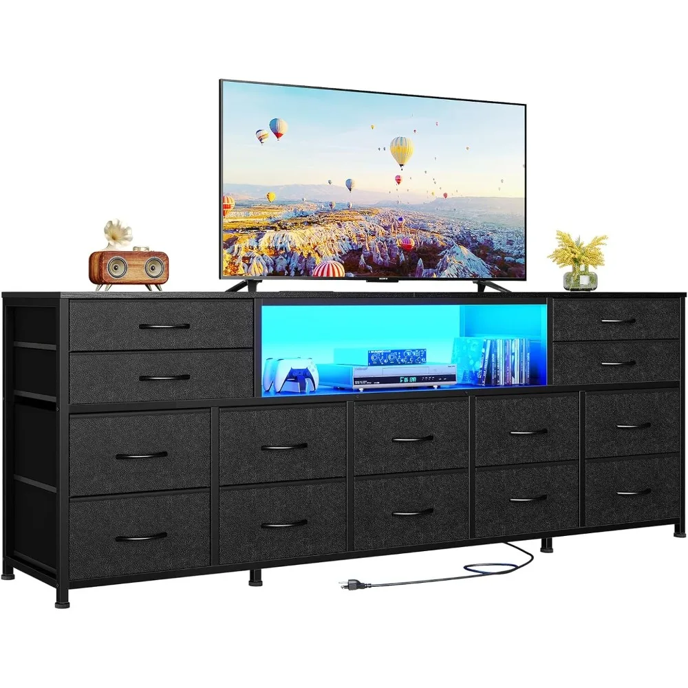 

Bedroom LED vanity with power socket, 70.9-inch with 14 drawers