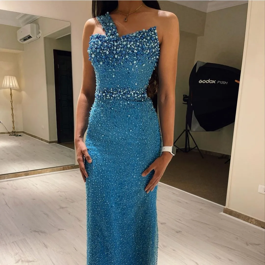 

Meetlove Customized Off Shoulder Prom Dresses Beaded Off Shoulder Sleeveless Tulle Blue Wedding Zipper Up Stain 2023