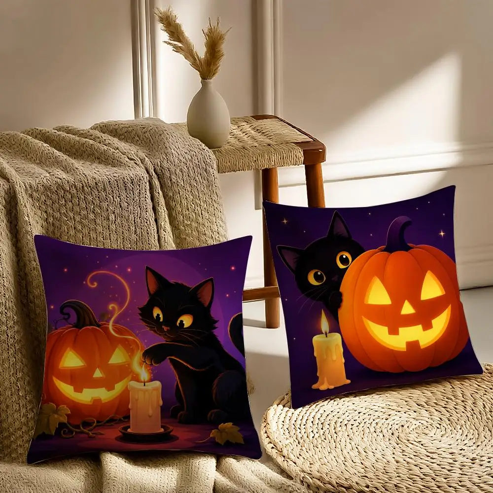 Halloween Black Cat, Pumpkin Candle Cushion Cover Pillowcase Anti-dustmite living Room Sofa Decor Cushion Room