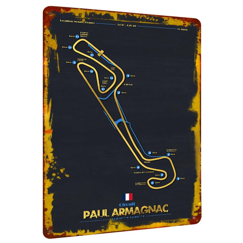 Circuito Paul Armagnac Francia pista de carreras decoración artística de pared de Metal estilo Vintage cartel de mapa de circuito de carreras