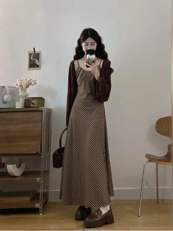 

plus Size Women's Plaid V-Neck Dress And Cardigan Set Autumn Fashion High Waist A-Line Skirt Long Sleeve Korean Style Ensemble