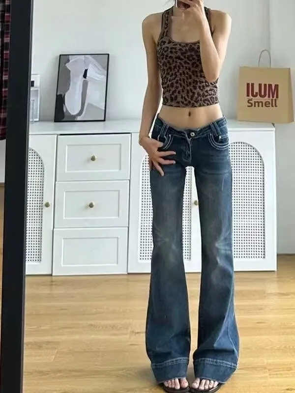 American Style Spicy Girl Low Waist Tight Jeans Flared Pants Women's Small Size Faded Washed Floor-Length Casual Jeans