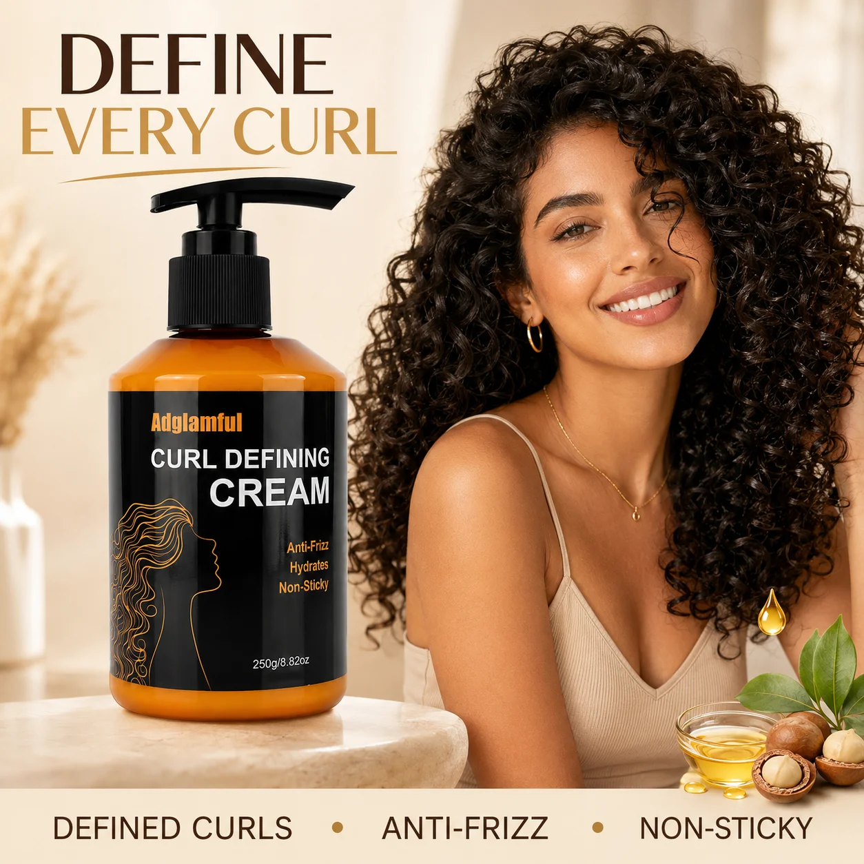 【Adglamful Curl Cream】24-Hour Curls Are Here! No-Rinse + 3-Minute Styling, Deeply Moisturizes Dry Hair, Lightweight, No Residue, Non-Greasy, Perfect for Those with Frizzy Hair, Glides Easily on the Comb and Doesn'T Stick to It