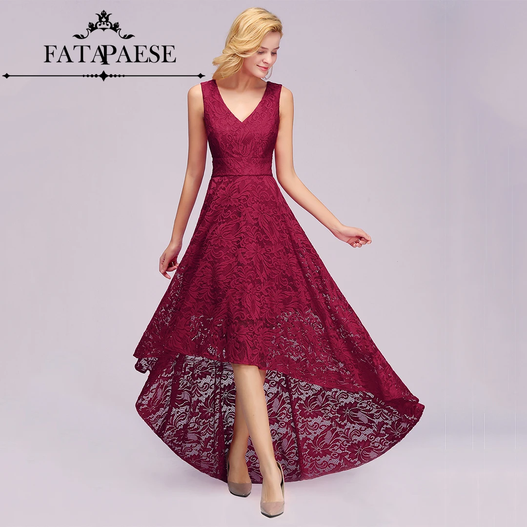 

FATAPAESE Elegant Simple Bridesmaid Dress with V-neckline Soft Lace Fully Gown High-Low Skirt Tea-Length Gown A-Line Skirt Weddi