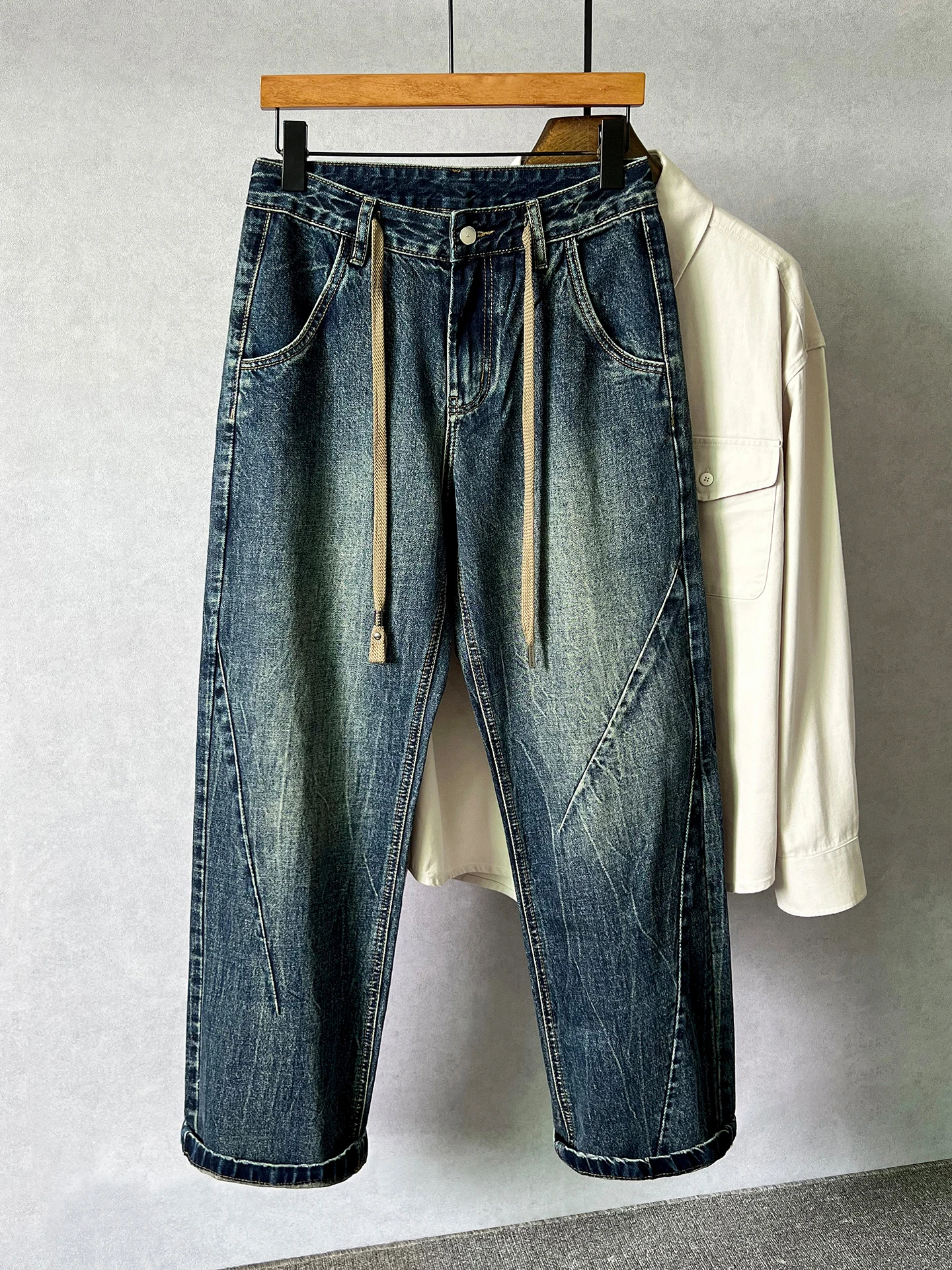 

Autumn New Straight Leg Jeans For Men Drawstring Distressed Washed Blue Denim Pants American Casual Fashion Loose Male Trousers