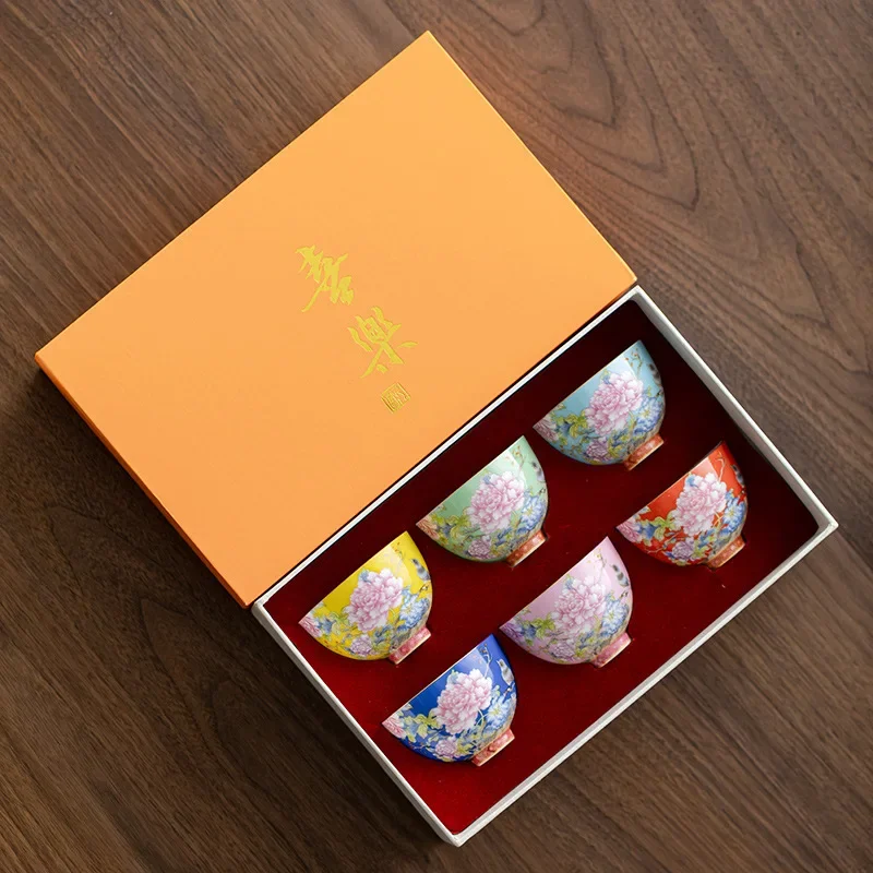 Enamel Tea Cup Ceramic Master Cup Home Ladies Tea Bird Singing and Flower Fragrance Six-pack Gift Box  Colorful Cups