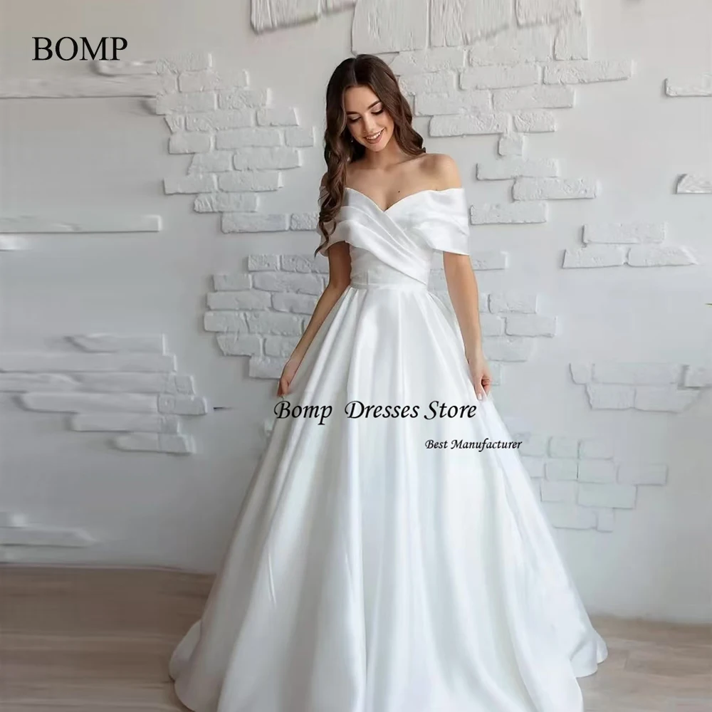

BOMP Simple Off Shoulder Wedding Dresses V Neck Soft Satin A Line Bride Dress Customized Chapel Train Draped Long Bridal Gown
