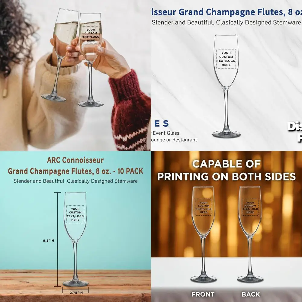 

Set of 10 Personalized 8 oz Champagne Flutes - Clear Glass Drinkware for Weddings, Events, and Promotional Use