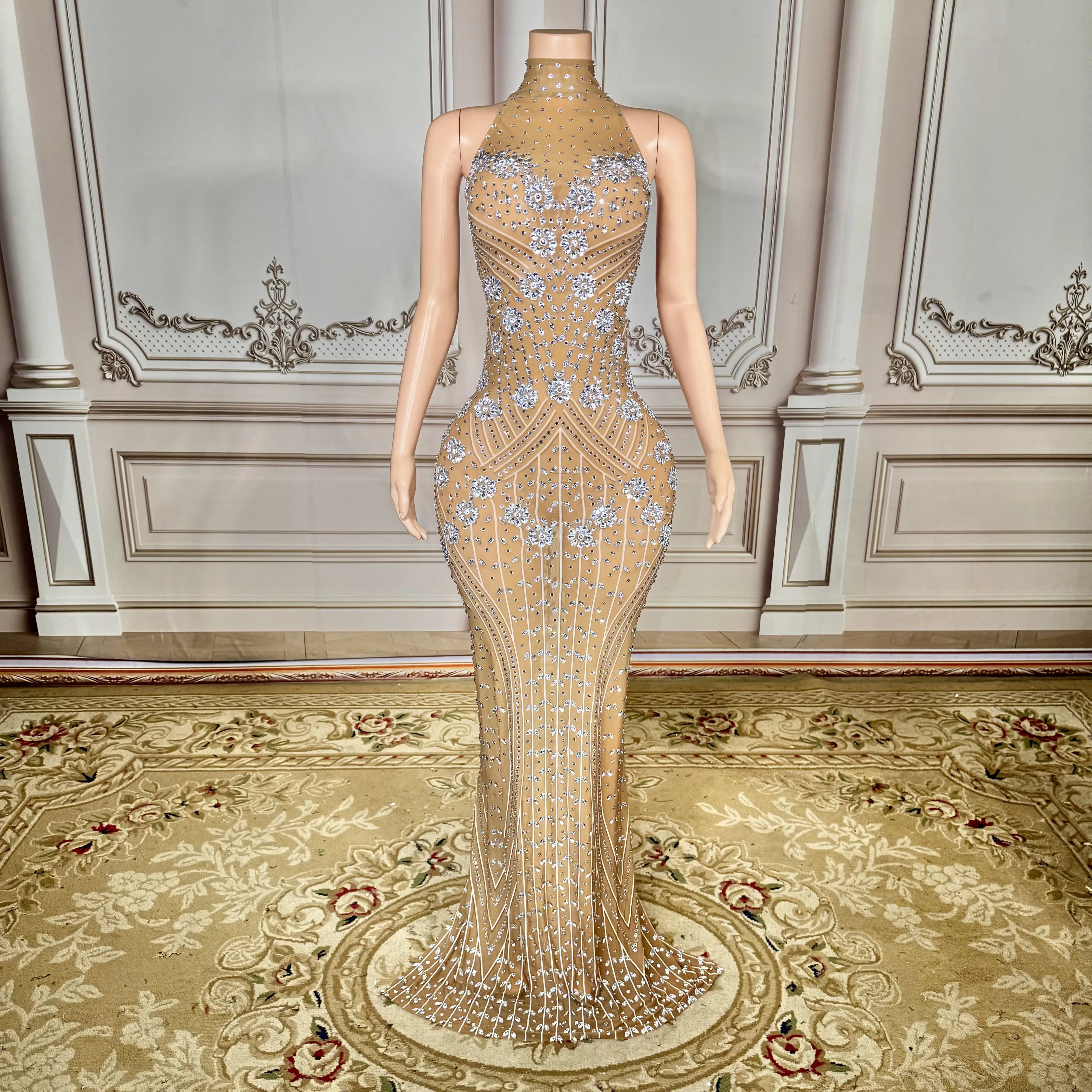 

Вечернее платье-русалка ZD с хрустальными бусинами и стразами, с вырезом халтер, цвета нюд, для женщин