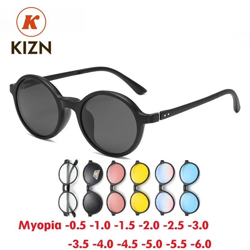 

KIZN 6 In 1 Round Myopia Sunglasses Women Polarized TR90 Optical Magnetic Clip Driving Prescription Custom Glasses -0.5 to -6.0