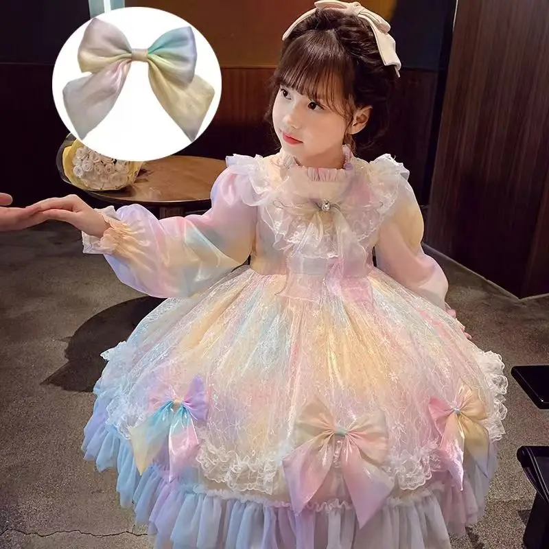 

2024 Kids Girls Lolita Summer Rainbow Tulle Dress Cute Birthday Party Princess Dresses for Girl Fashion Tutu Vestidos 3-10 Years