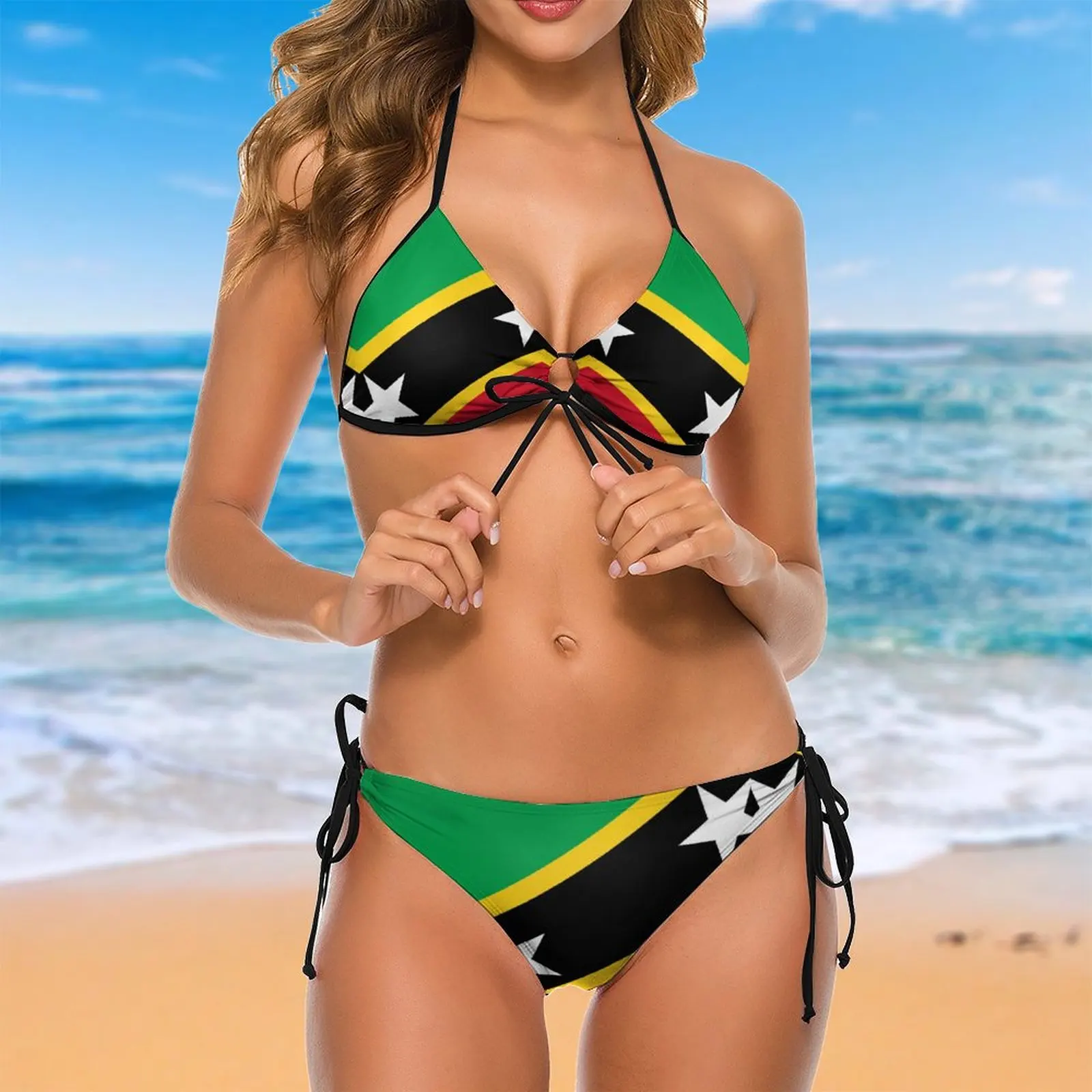 St. Kitts And Nevis Flag Bikini Unique Exotic Women\'s Bikinis Graphic Beachwear Vintage Swimsuit