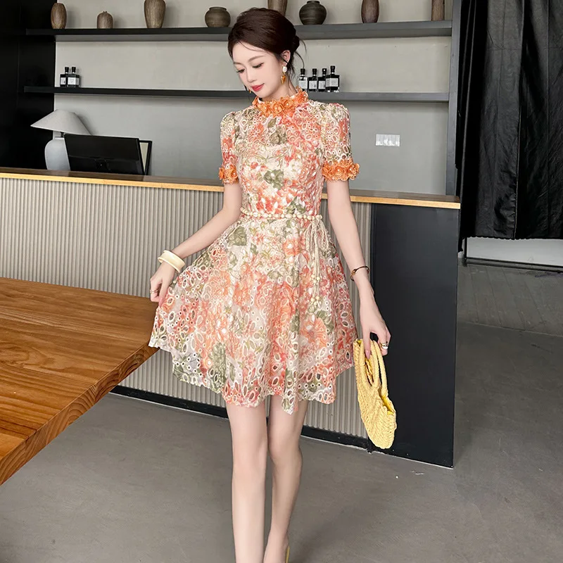 French Style 3D Flowers Patchwork Stand-up Collar Short Sleeve Waist-Controlled Puffy Floral Exquisite Dress Women Summer Dress