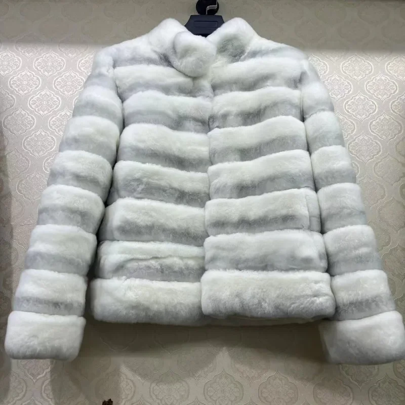 2024 New women's Chinchilla striped jacket Real Rex Rabbit fur fur all-in-one fur coat coat length 60cm package mail winter thic