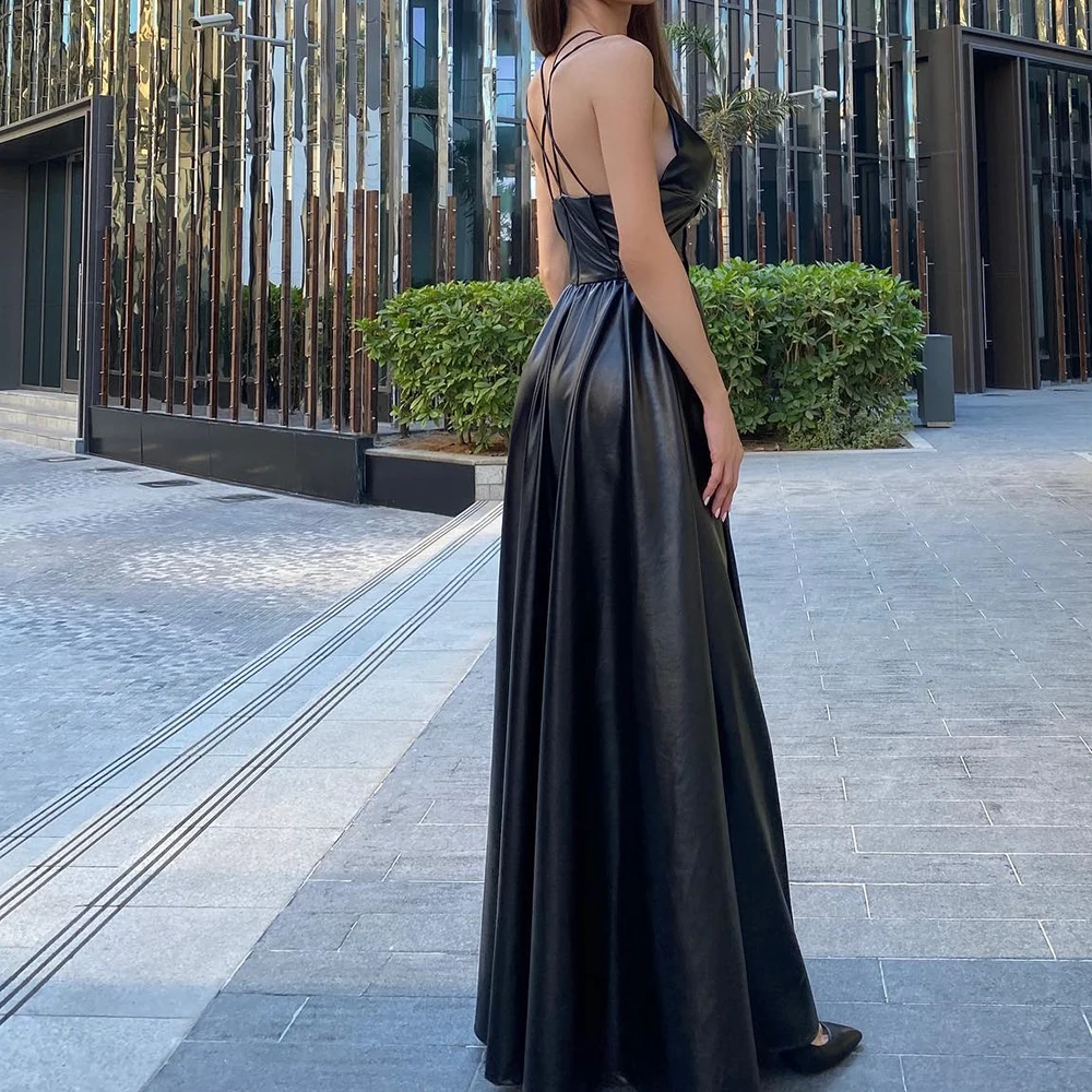 Vestido de noche de satén con tirantes finos, Formal, personalizado, corte en A, largo hasta el suelo, cuello cuadrado, sin mangas, para ocasiones especiales