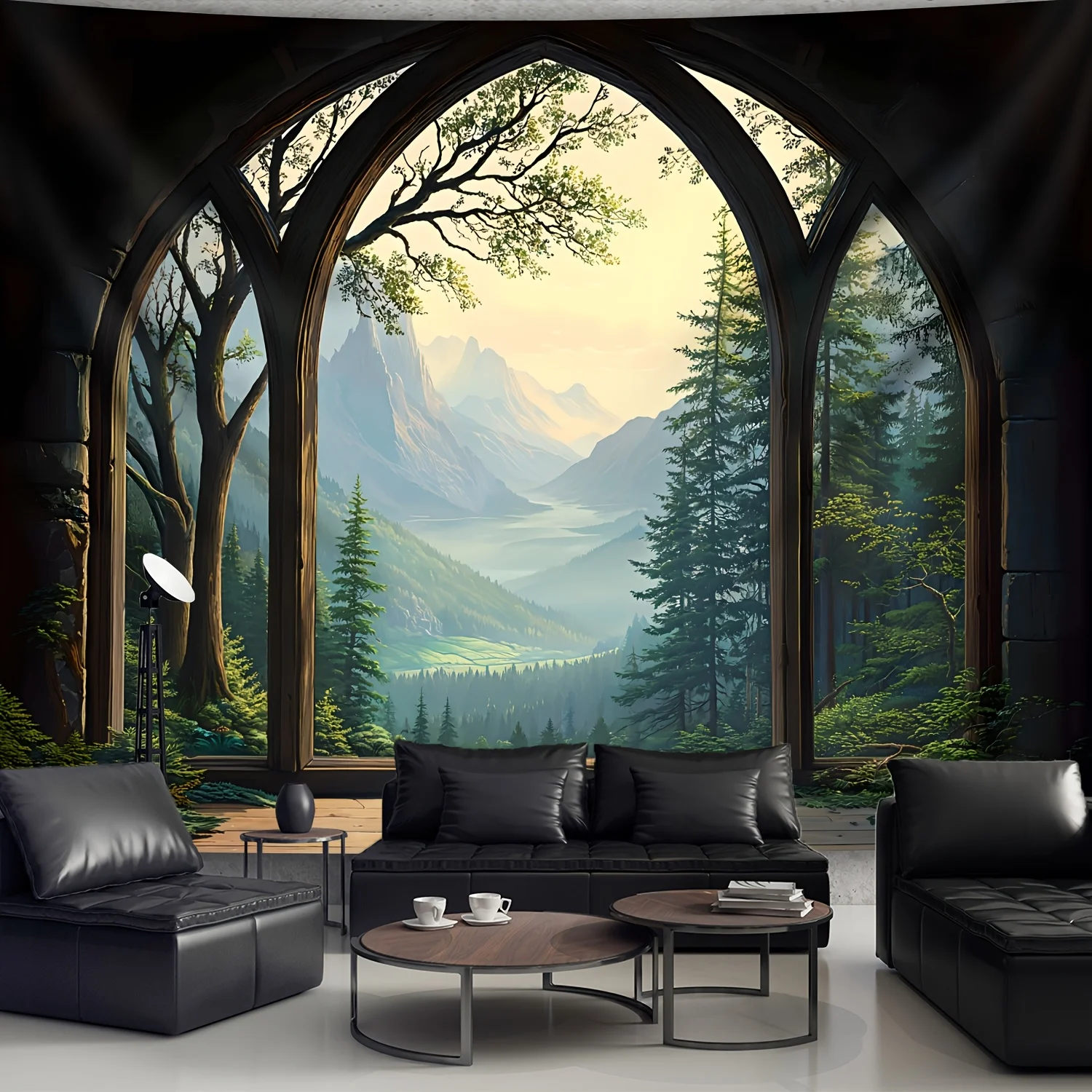 Enchanting Gothic Living Room with Majestic Arched Windows, Offering a Breathtaking View of Lush Forests and Snow-Capped
