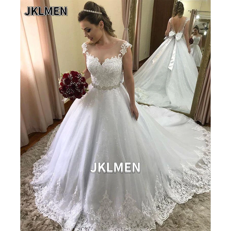 Illusion O-neck V-back Shiny Ball Gown Wedding Dress Court Train Lace Hem Wedding Gown Vestido De Novia