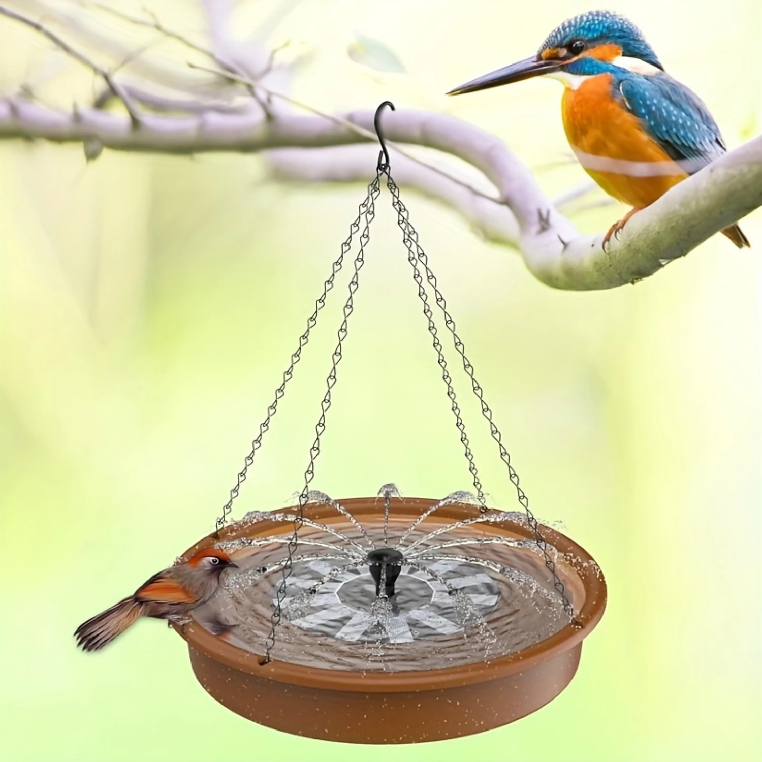 

Hanging Bird Bath with Solar Fountain , 12" Multi-Functional Basin for Bath, Feeder and Drinking, Powered Water Fount