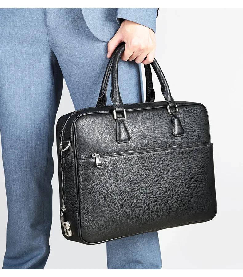 Hot selling new leather briefcase men\'s business travel password lock layer cowhide laptop bag