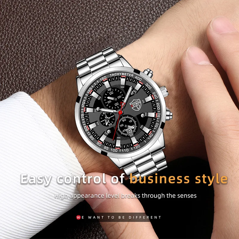 

Fashion Mens Watches Set Luxury Men Sports Black Stainless Steel Quartz Watch Man Business Casual Wrist Watch