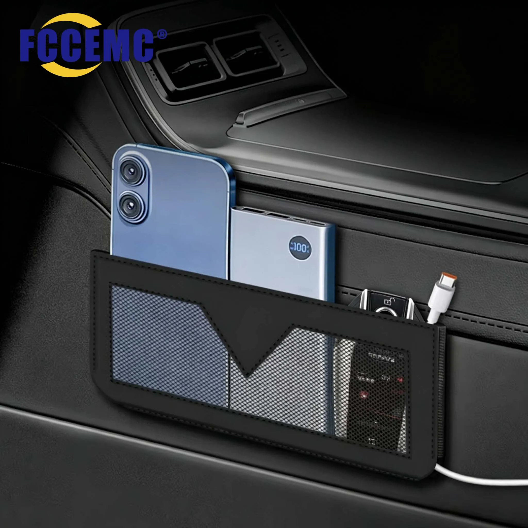 Car Storage Bag PU Leather Mobile Phone Sticky Net Bag Multifunctional Car Seat Side Pocket Console Storage Box Auto Accessories