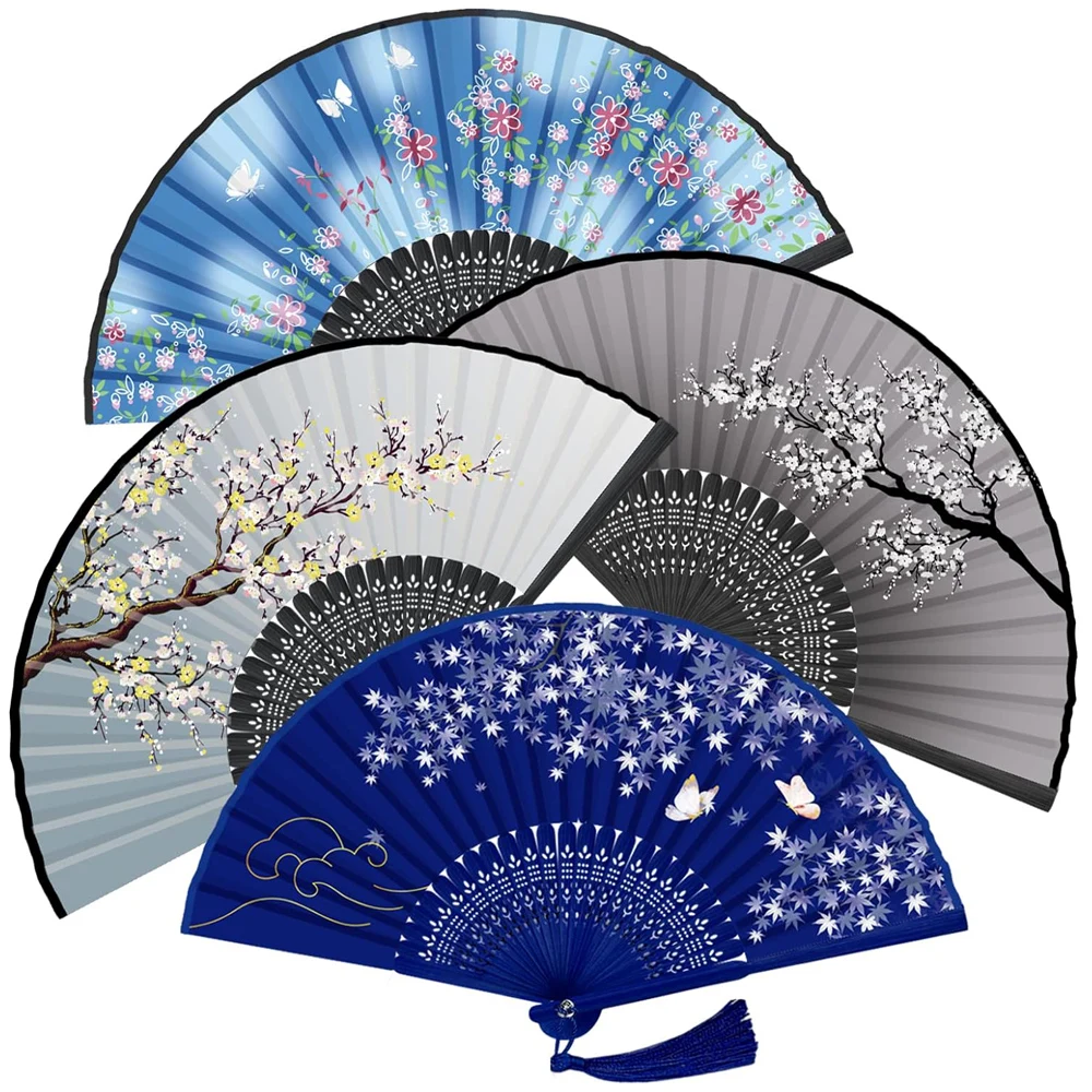 4PCS Chinese Fan, Hand Fans for Women Foldable, Silk Bamboo Hand Held Fan, Hollowed Fringe Hand Fan Foldable, Paper Fans