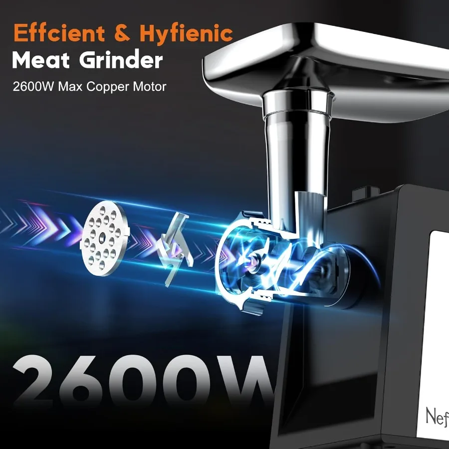 مفرمة لحم كهربائية بمقبض 2600 وات ماكس باور للمطبخ المنزلي تستخدم ماكينة مفرمة لحم من الفولاذ المقاوم للصدأ شديدة التحمل مع 2 Bl