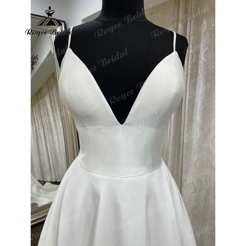 Vestido de novia de satén suave con espalda descubierta para mujer, elegante vestido de novia con cuello en V, con tirantes finos, 2023