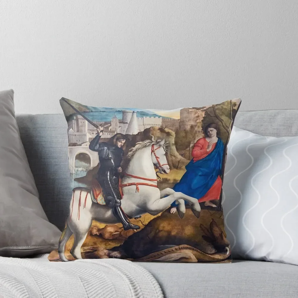 

Saint George and the Dragon Horse Mounted Knight Original Medieval Painting Marco Basaiti Throw Pillow