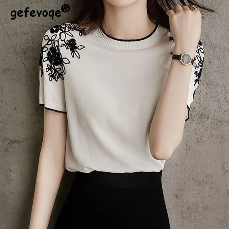 Office Lady Elegant Commuting Vintage Flowers Embroidery Summer Clothes for Women Short Sleeve T-shirts Round Neck Knitted Tops