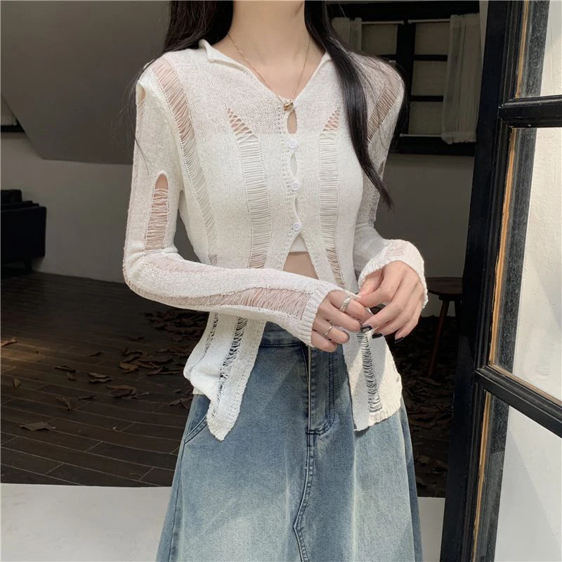 Y2K Hole Knit Cardigan Women Streetwear Sexy Hollow Out Black Crop Sweater Summer Korean Long Sleeve Knitwears Thin Jumpers Tops