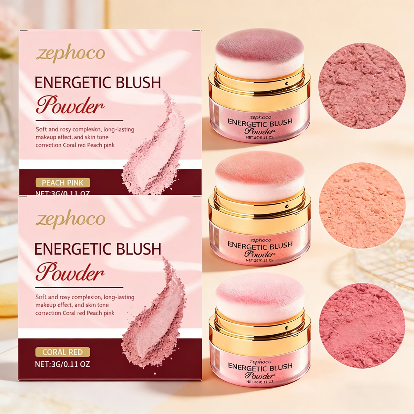 

Zephoco Energetic Blush Powder Long Lasting Creamy Texture Natural Flush Buildable Color Skin Enhancinag Compact Face Makeup