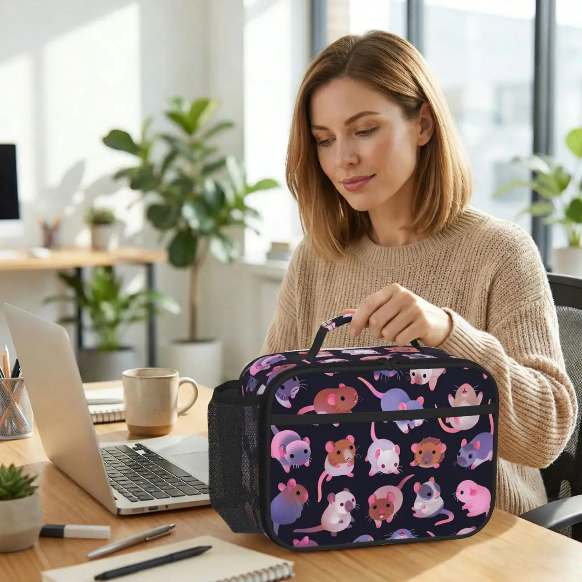 Fancy Rat - Bolsa térmica oscura para el almuerzo para mujer, caja térmica para oficina, bolsa térmica para comida, contenedor portátil para almuerzo